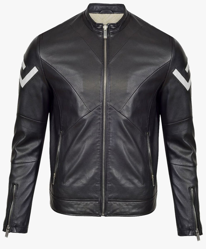 MONOCHROME LEATHER BIKER JACKET IN PEARL TRIMS - RICA Mens Motorcycle Jackets My Store