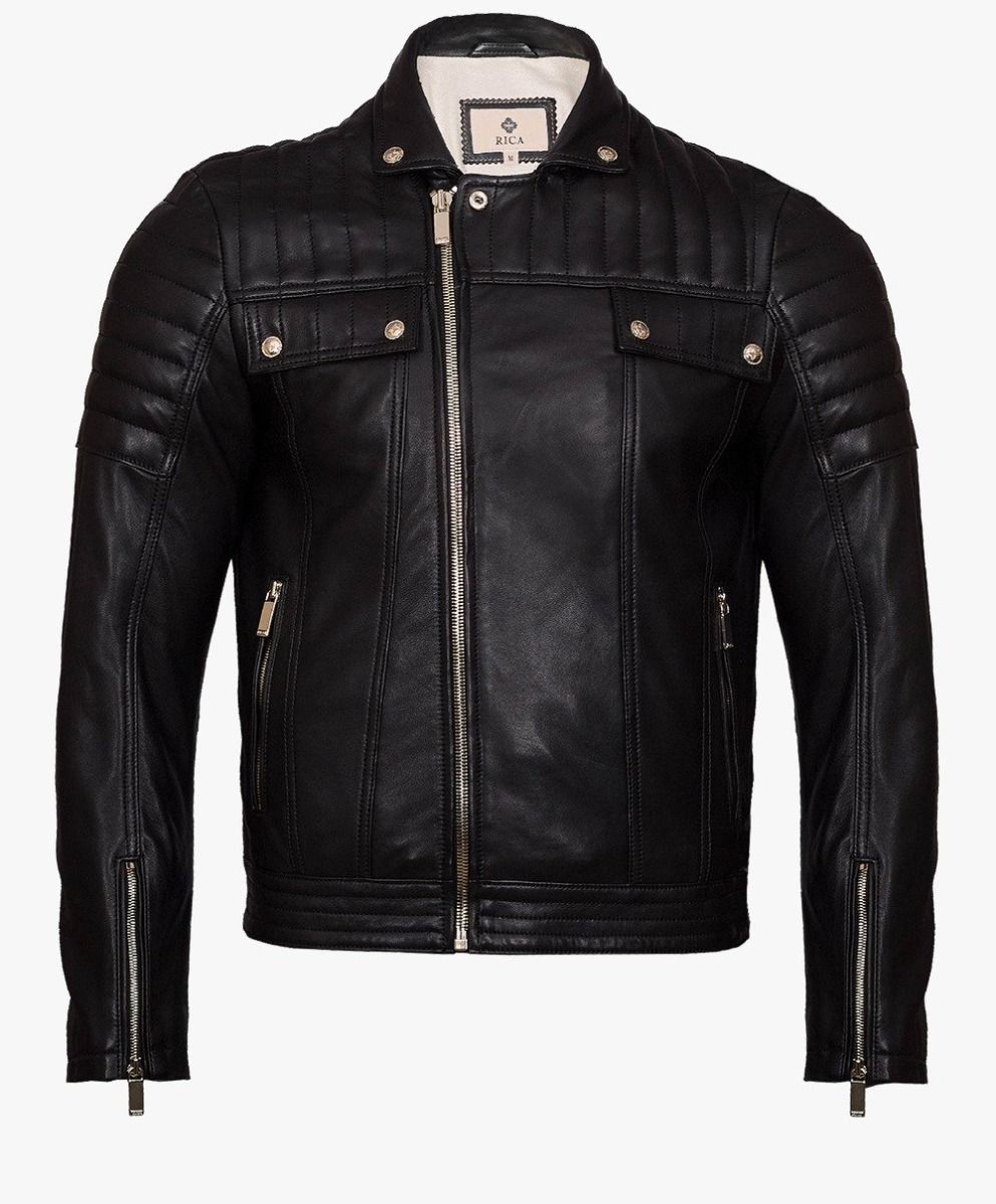 QUILTED LEATHER JACKET ROYALE IN GOLD TRIMS - RICA Mens Classic Jacket My Store