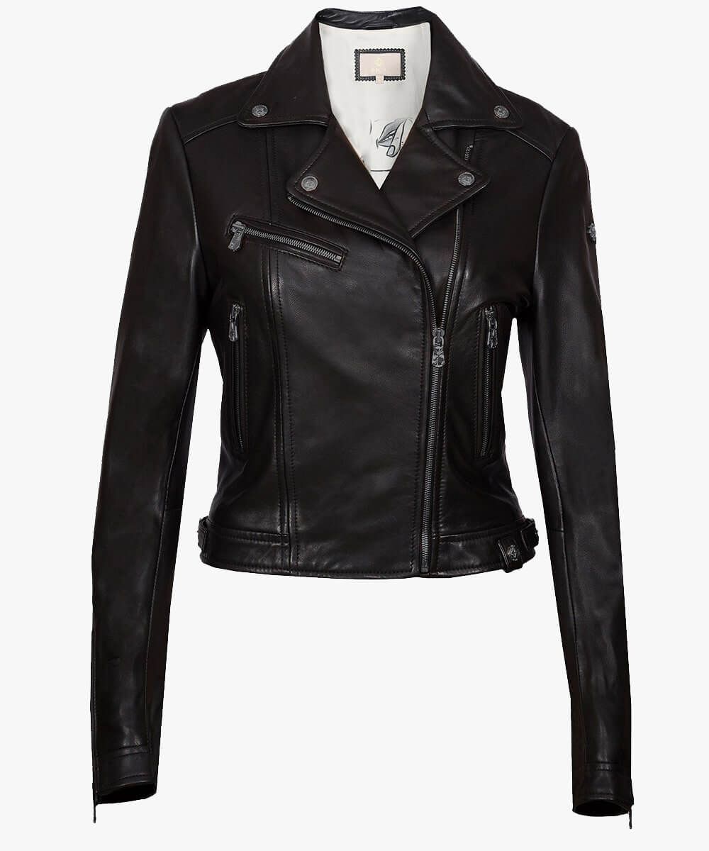 LEATHER BIKER JACKET IN CRYSTAL BLACK TRIMS - RICA Ladies Biker Jacket My Store