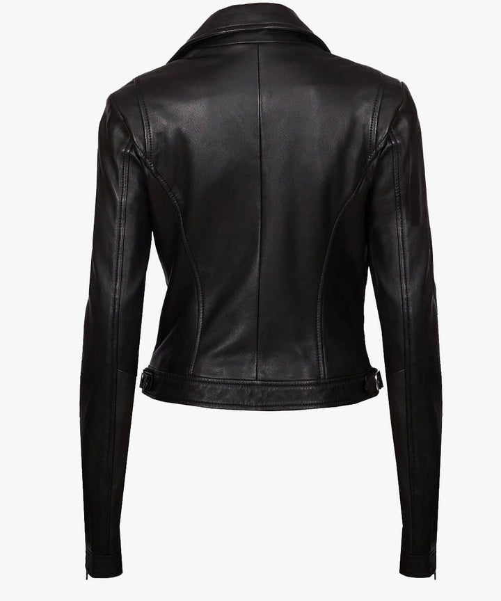 LEATHER BIKER JACKET IN CRYSTAL BLACK TRIMS - RICA Ladies Biker Jacket My Store