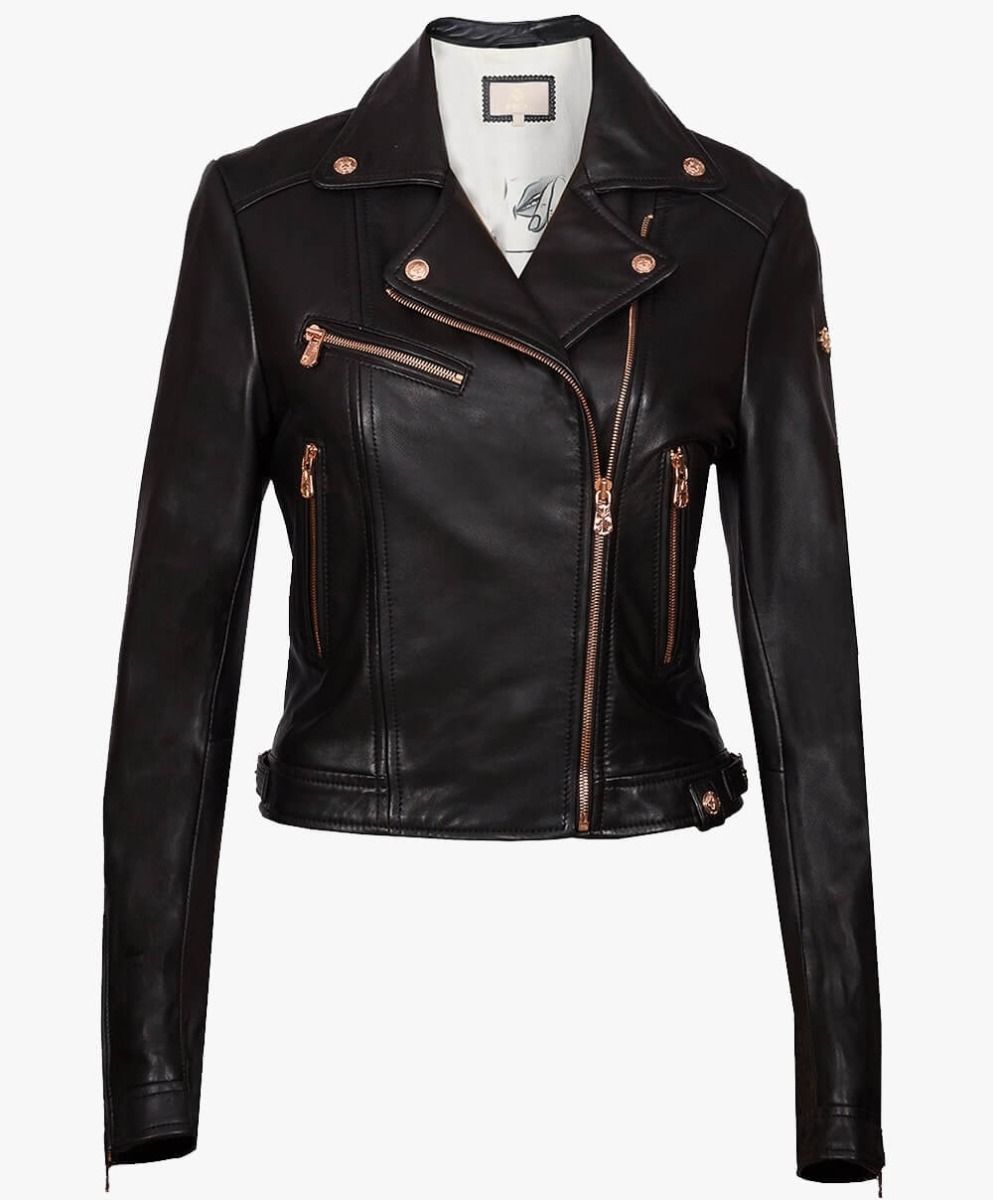 LEATHER BIKER JACKET IN GOLD TRIMS - RICA Ladies Biker Jacket My Store