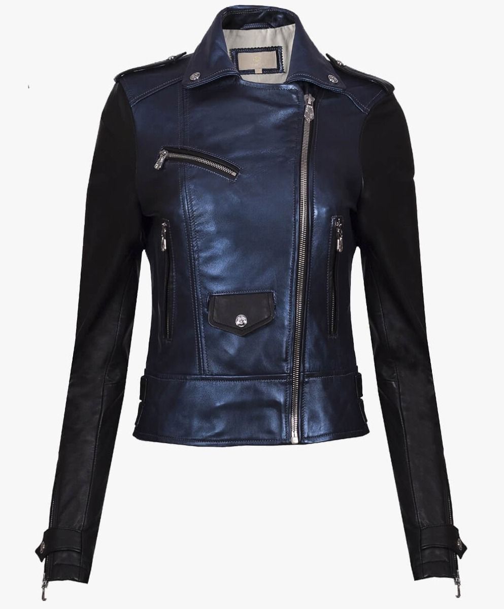 LEATHER BIKER JACKET IN METALLIC BLUE AND BLACK - RICA Ladies Biker Jacket My Store