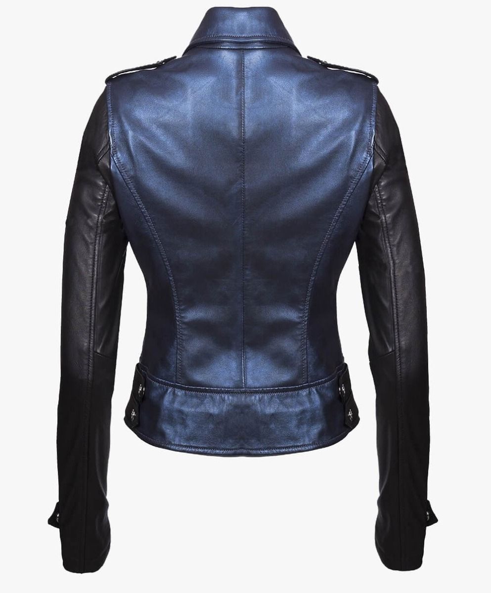 LEATHER BIKER JACKET IN METALLIC BLUE AND BLACK - RICA Ladies Biker Jacket My Store