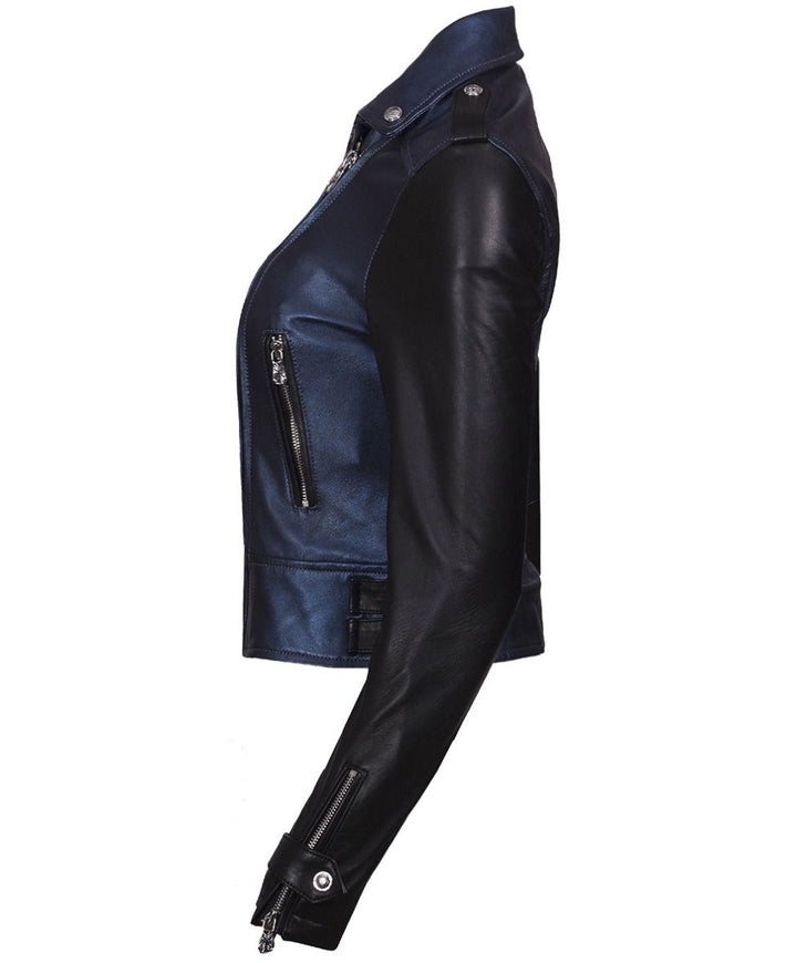 LEATHER BIKER JACKET IN METALLIC BLUE AND BLACK - RICA Ladies Biker Jacket My Store