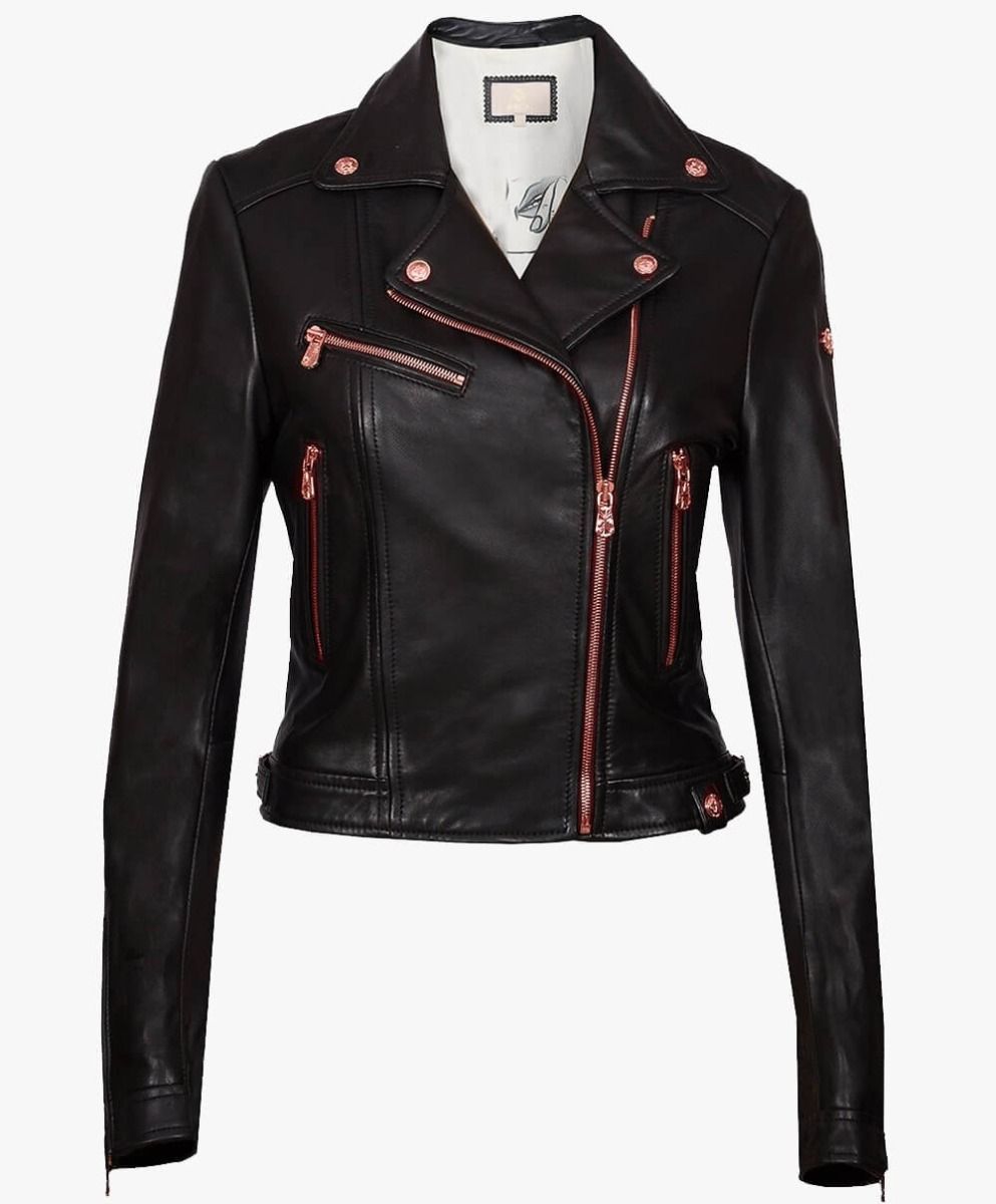 LEATHER BIKER JACKET IN ROSE GOLD TRIMS - RICA Ladies Biker Jacket My Store