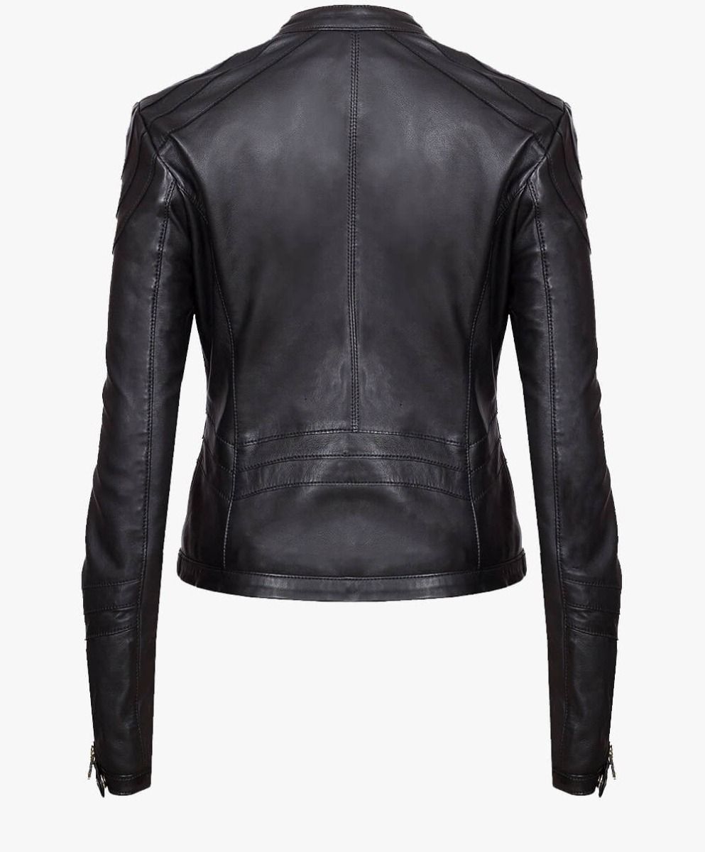 CLASSIC LEATHER JACKET IN CRYSTAL BLACK TRIMS - RICA Ladies Classic Jacket My Store