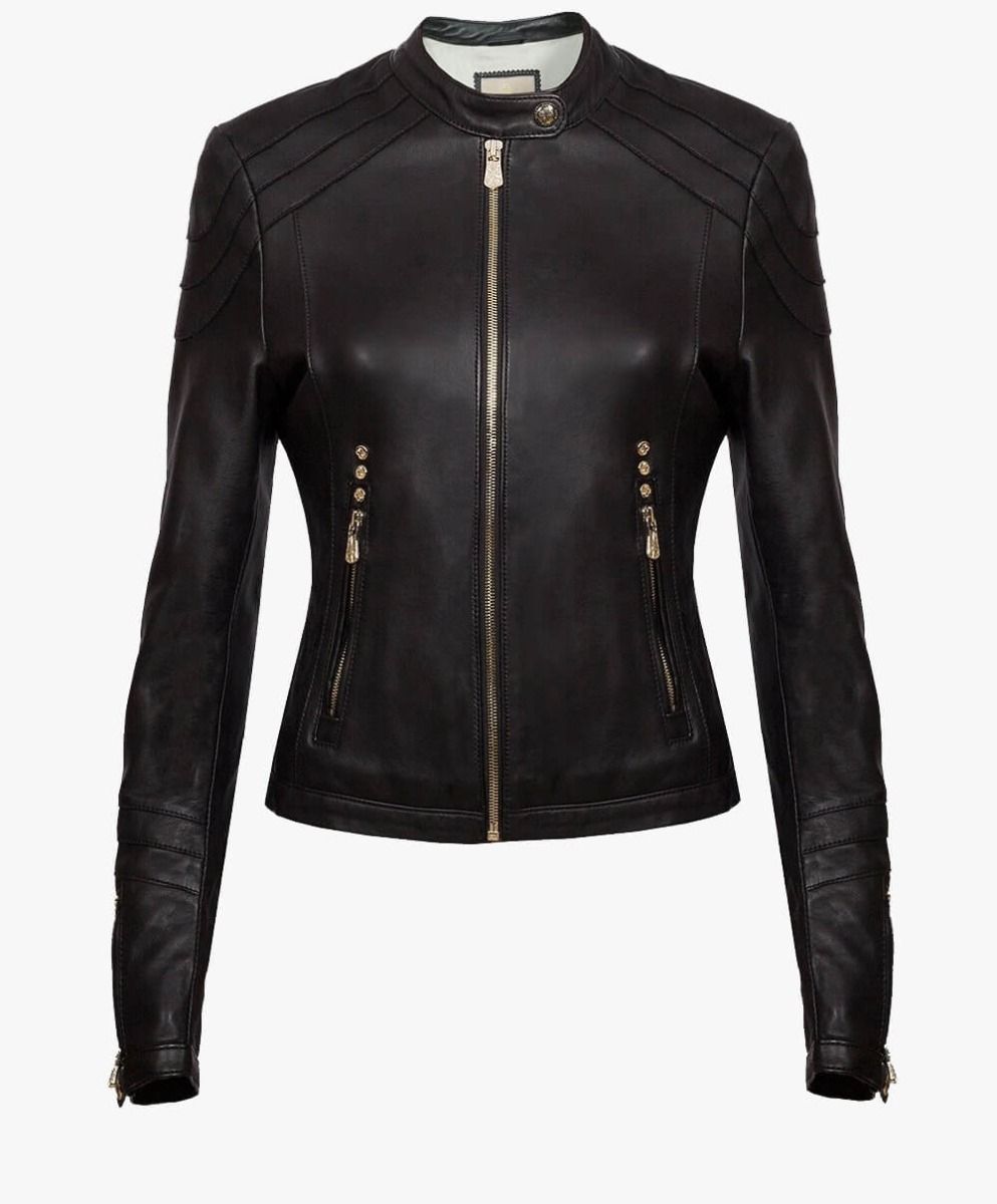 CLASSIC LEATHER JACKET IN GOLD TRIMS - RICA Ladies Classic Jacket My Store