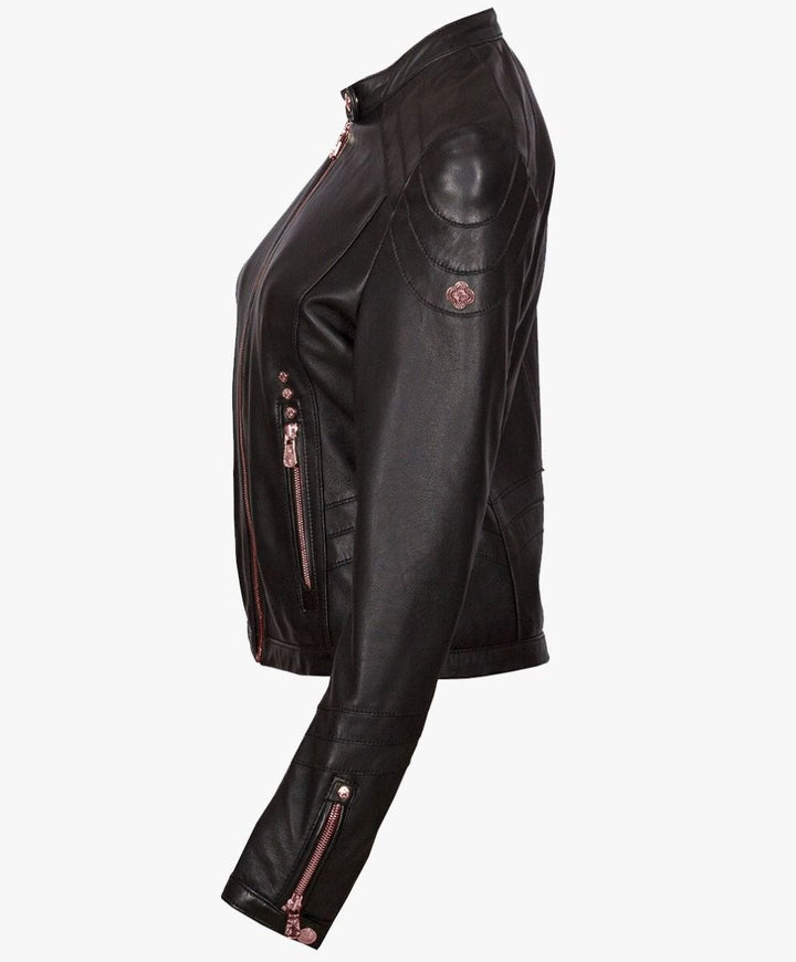 CLASSIC LEATHER JACKET IN ROSE GOLD TRIMS - RICA Ladies Classic Jacket My Store
