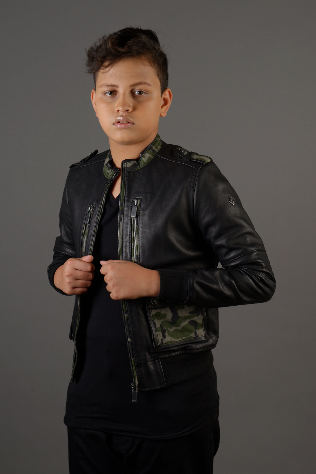 BOMBER LEATHER JACKET WITH COMBINATION MILITARY MATERIAL - RICA Boys Jackets My Store