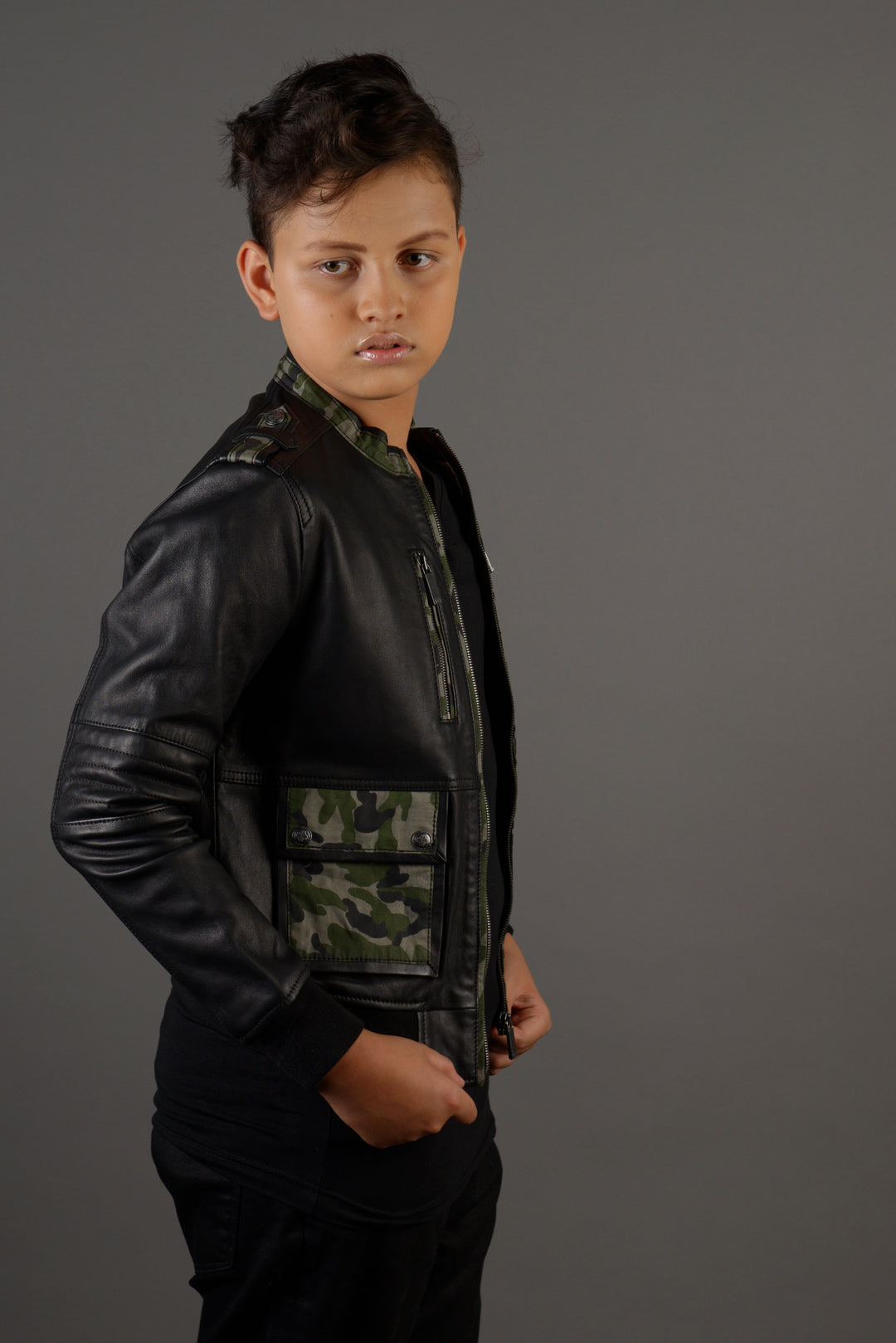 BOMBER LEATHER JACKET WITH COMBINATION MILITARY MATERIAL - RICA Boys Jackets My Store
