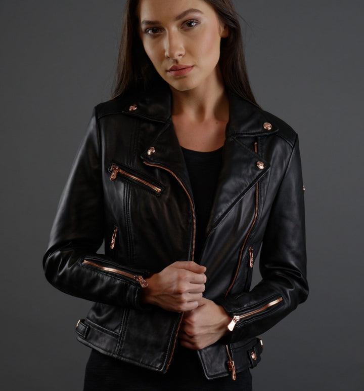 LEATHER BIKER JACKET IN ROSE GOLD TRIMS - RICA Ladies Biker Jacket My Store