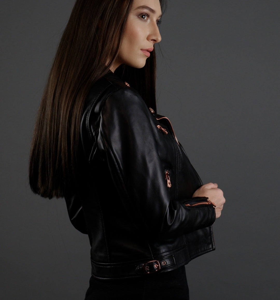 LEATHER BIKER JACKET IN ROSE GOLD TRIMS - RICA Ladies Biker Jacket My Store