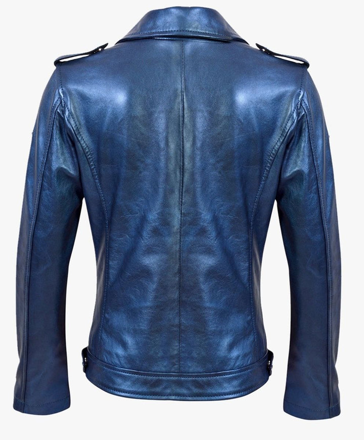 LEATHER BIKER JACKET METALLIC BLUE - RICA GIRLS JUNIOR My Store