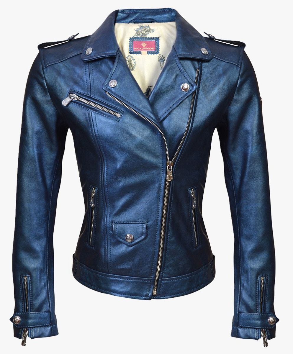 LEATHER BIKER JACKET METALLIC BLUE - RICA GIRLS JUNIOR My Store