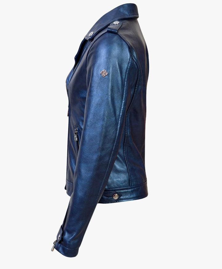 LEATHER BIKER JACKET METALLIC BLUE - RICA GIRLS JUNIOR My Store