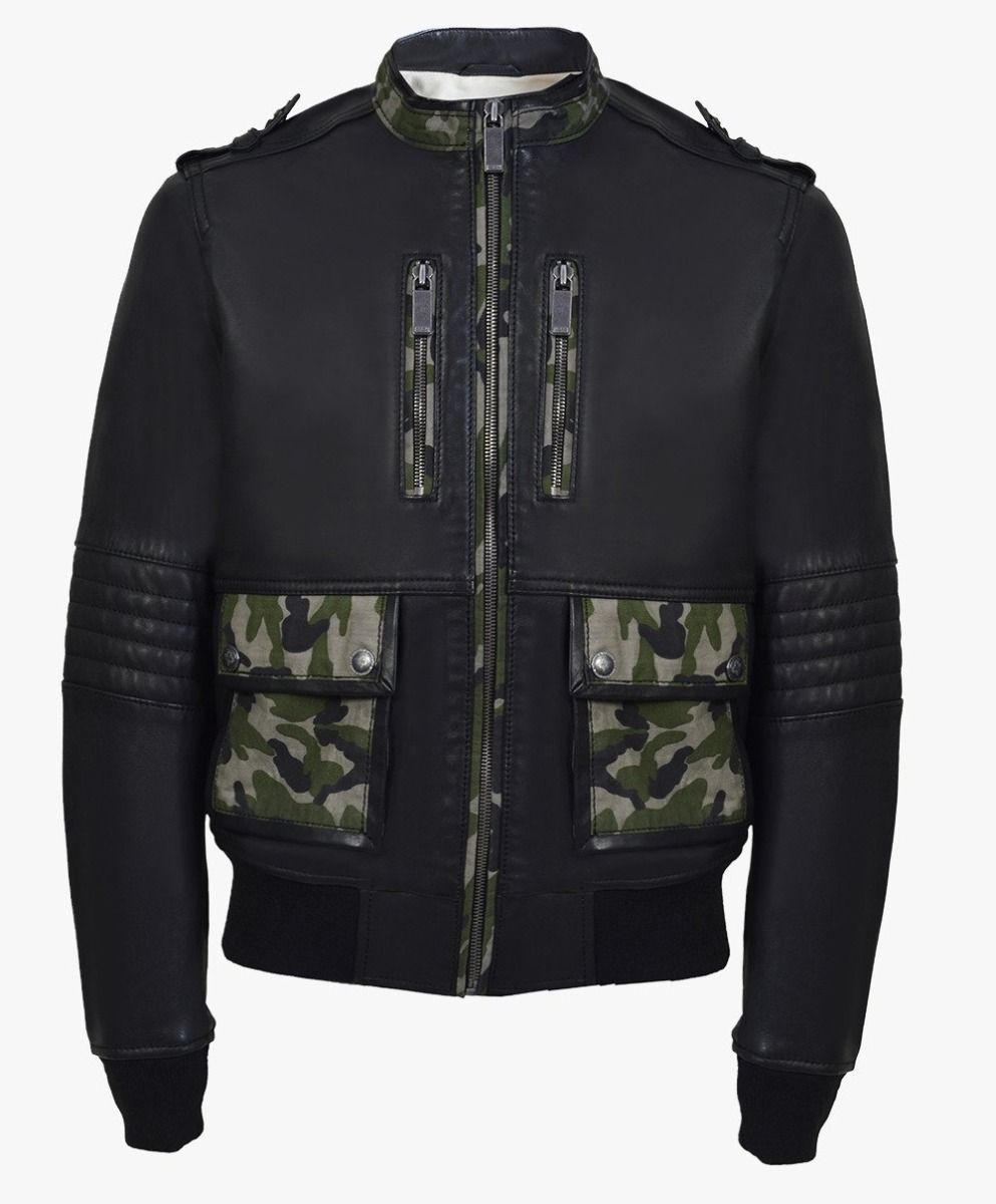 BOMBER LEATHER JACKET WITH COMBINATION MILITARY MATERIAL