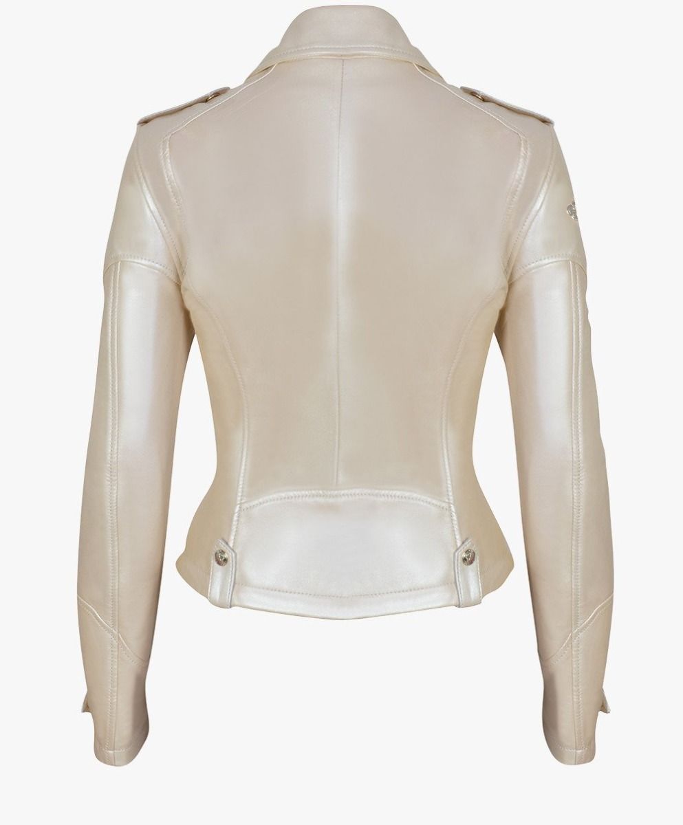 LEATHER BIKER JACKET IN METALLIC PEARL - RICA Ladies Biker Jacket My Store