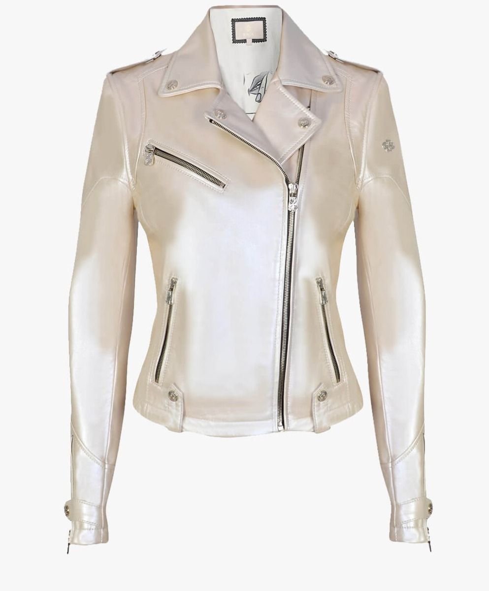 LEATHER BIKER JACKET IN METALLIC PEARL - RICA Ladies Biker Jacket My Store