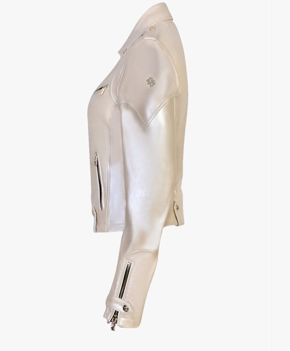 LEATHER BIKER JACKET IN METALLIC PEARL - RICA Ladies Biker Jacket My Store