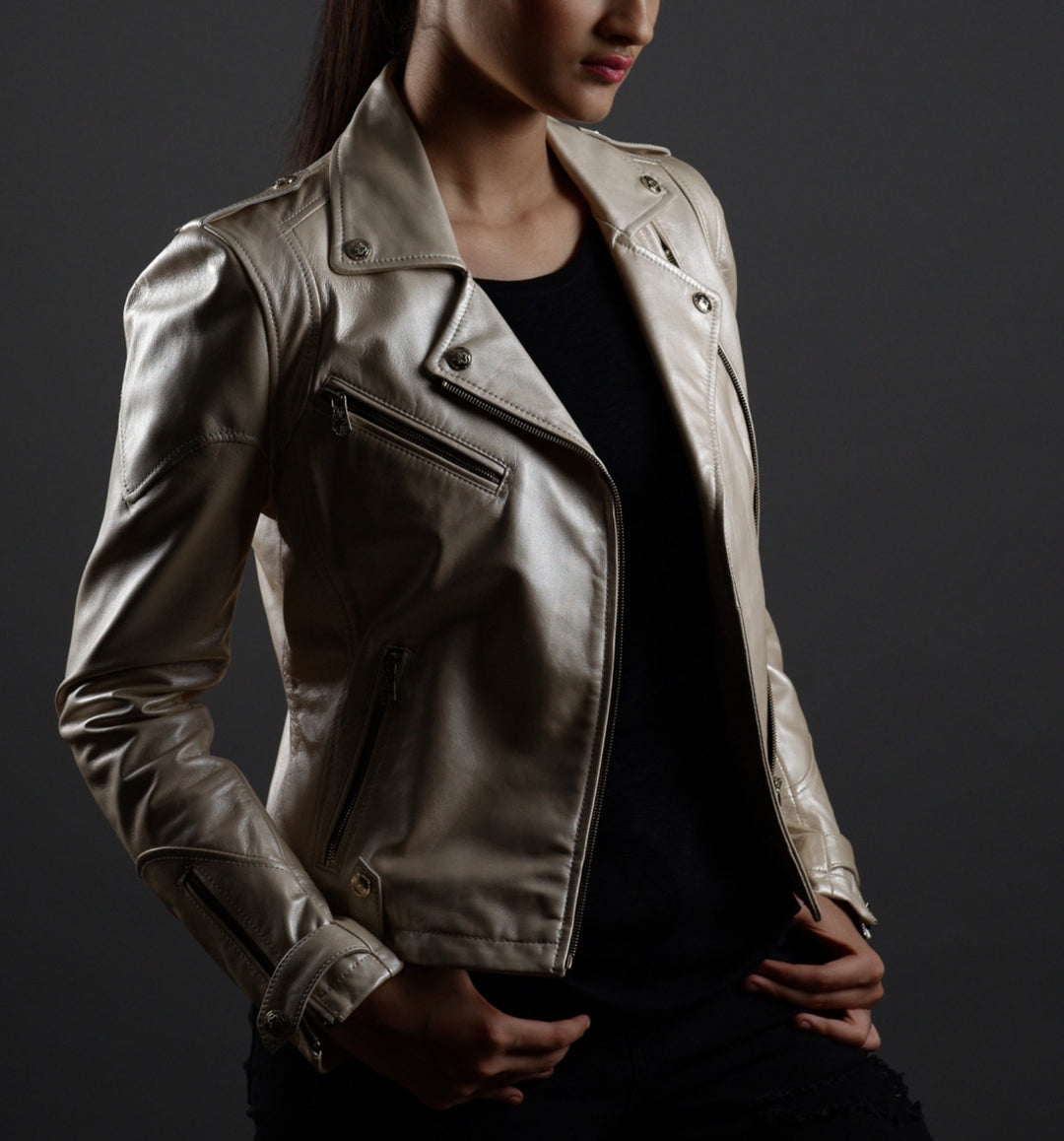 LEATHER BIKER JACKET IN METALLIC PEARL - RICA Ladies Biker Jacket My Store