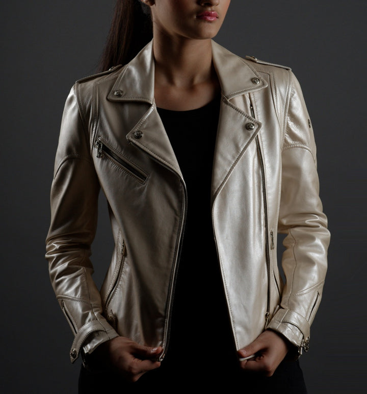 LEATHER BIKER JACKET IN METALLIC PEARL - RICA Ladies Biker Jacket My Store