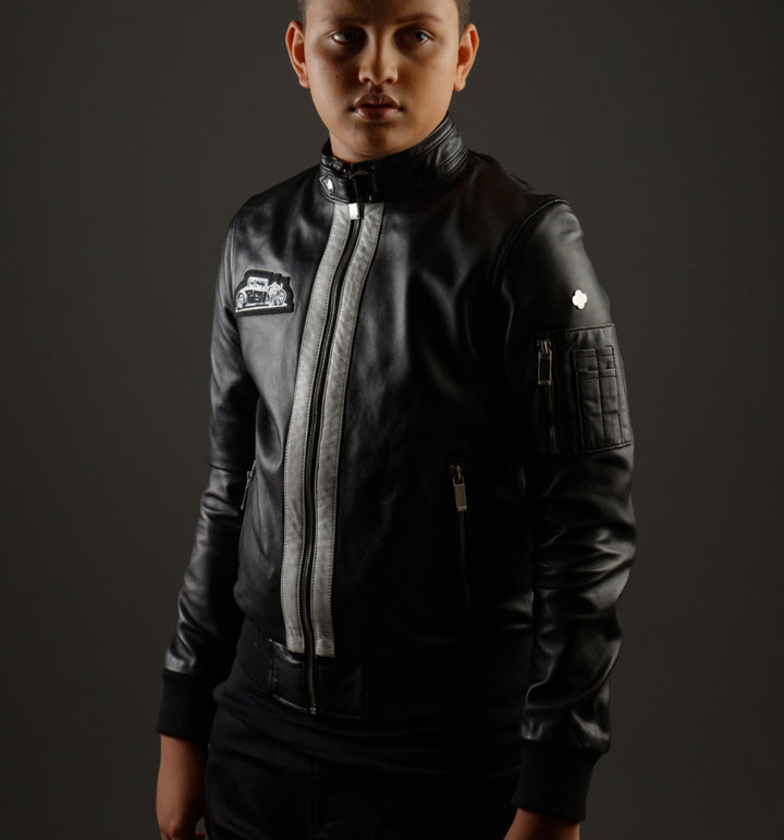 MONOCHROME LEATHER BOMBER JACKET WITH PATCH - RICA Boys Jackets My Store