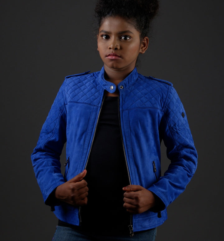 SUEDE LEATHER JACKET LAPIS BLUE - RICA GIRLS JUNIOR My Store