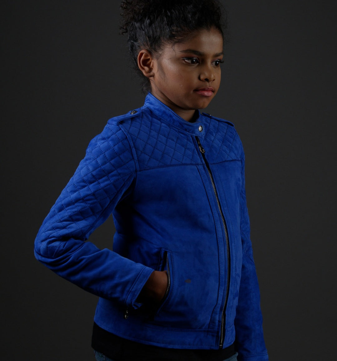 SUEDE LEATHER JACKET LAPIS BLUE - RICA GIRLS JUNIOR My Store