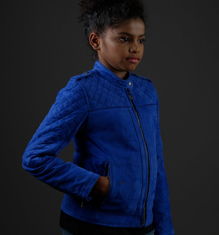 SUEDE LEATHER JACKET LAPIS BLUE - RICA GIRLS JUNIOR My Store